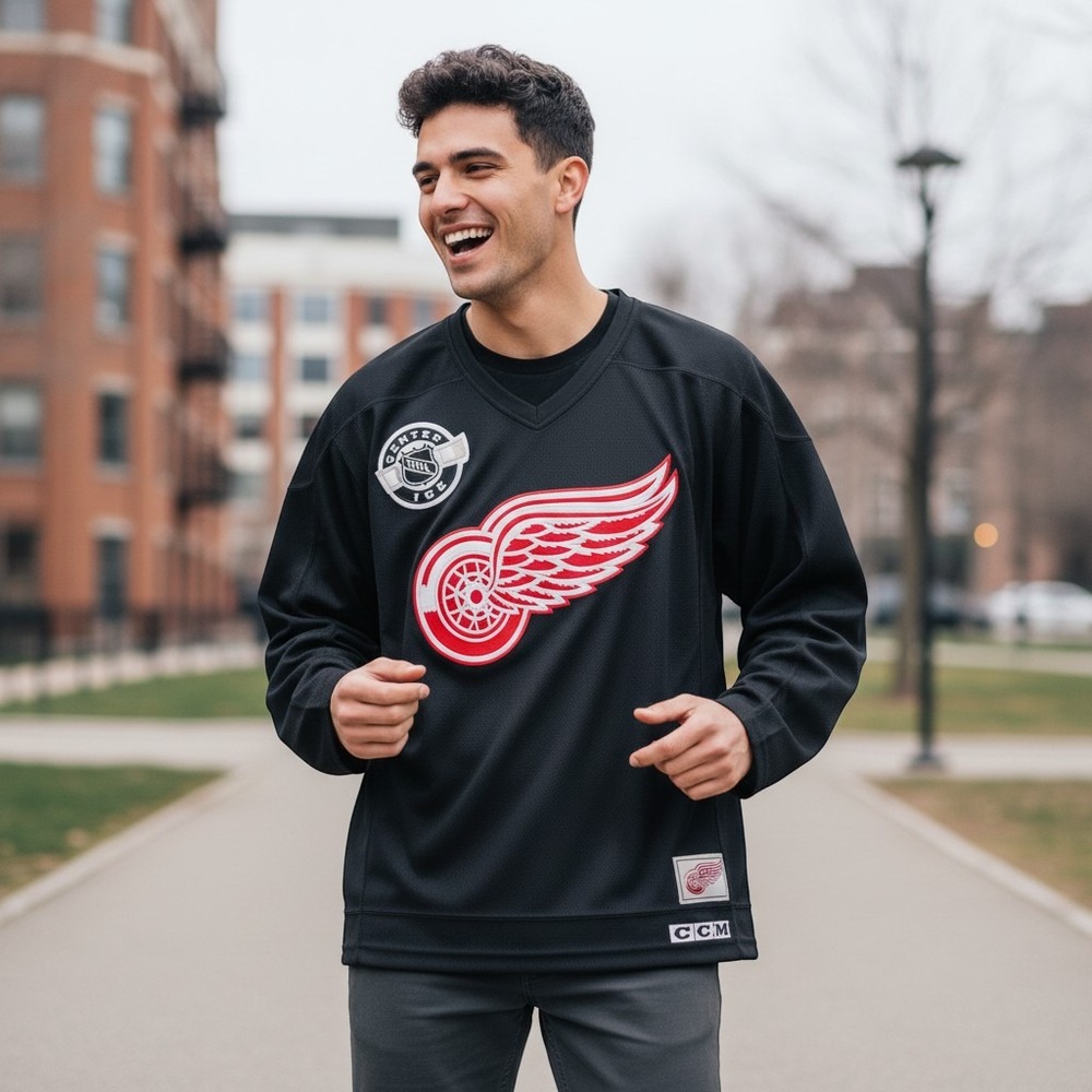 CCM Detroit Red Wings Jersey Large Black Excellent NHL Center Ice Hockey Mesh